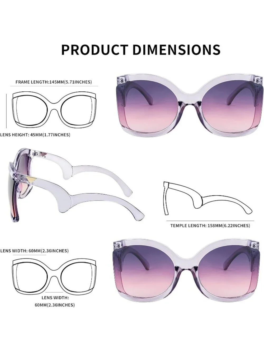 Women's Oversized Square Sunglasses Curly Arm Frame Shades B4035 Grey Purple